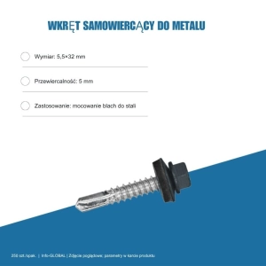 Wkręt samowiercący do metalu 5,5x32 mm, przewiercalność 5 mm, EPDM, 250 szt. – kolor do wyboru
